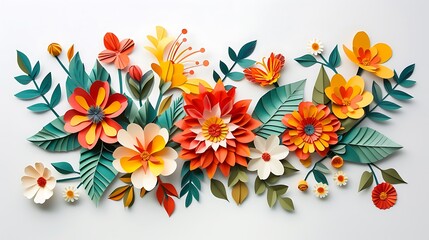 Wall Mural - A vibrant paper-cut floral composition featuring colorful layered flowers and leaves arranged in a flowing design, set on a plain white background for easy cut-out. 8k UHD, suitable for high-quality 