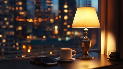 Wall Mural - A cozy lamp and coffee cup on a table by a window, with a city skyline glowing in the background.