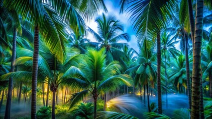 Wall Mural - Vibrant Tropical Palm Trees Long Exposure Photography - Blue & Green Leaves