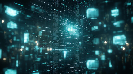 Global Network Data Stream: Abstract digital landscape, glowing teal data streams flow across a dark background, forming a mesmerizing network visualization.  Perfect for tech, AI.