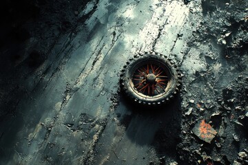 Canvas Print - Muddy ground, rusty wheel, desolate scene.