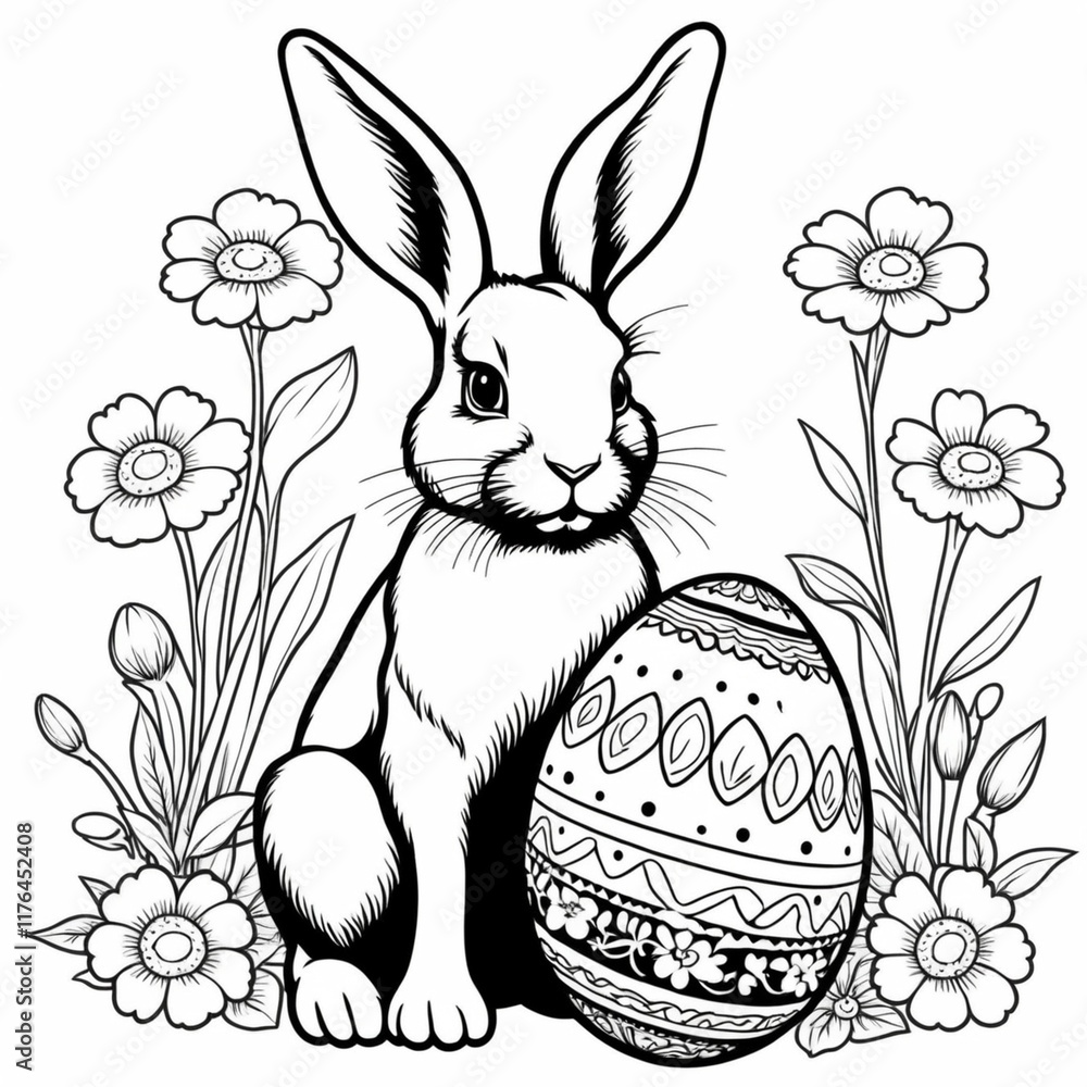 bunny painting easter egg and some flowers, coloring page ready to ...