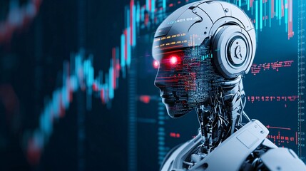 Holographic financial data projected from a robot s head, [data analysis], [AI processing financial information]