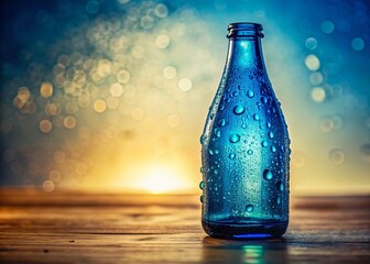 Wall Mural - Vintage Blue Glass Bottle with Water Drops on Light Background - Still Life Photography