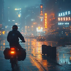 Canvas Print - Rainy night, motorcyclist rides through city.