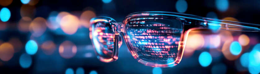 futuristic glasses reflecting vibrant digital data lights.