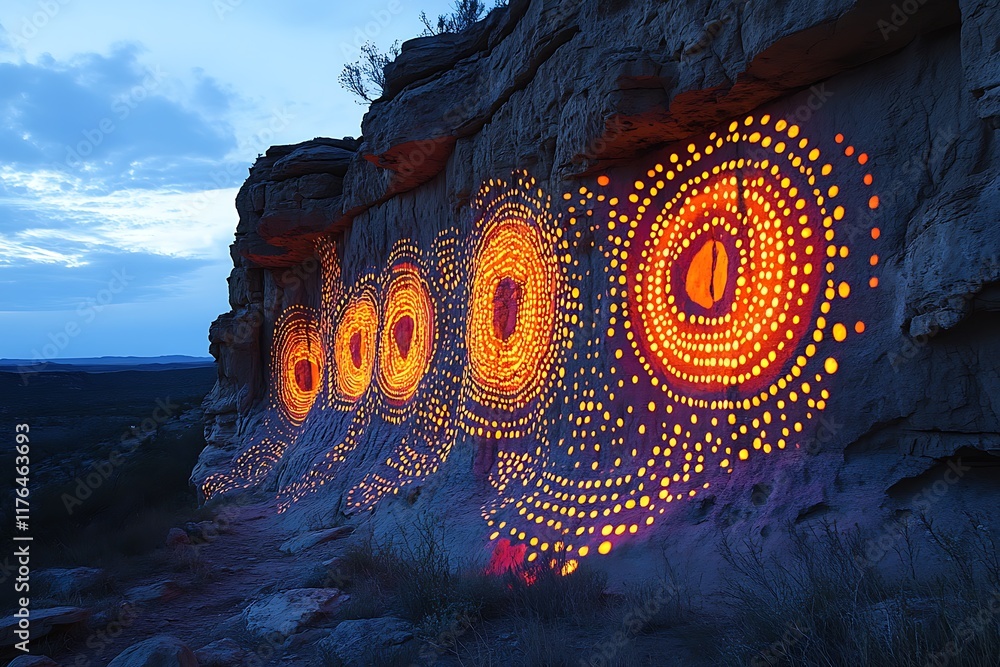 Illuminated Aboriginal Rock Art in the Australian Desert at Twilight ...