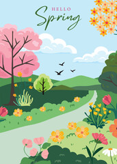 Wall Mural - spring landscape background with mountain and tree for a4 vertical design