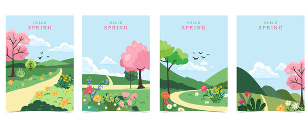 Wall Mural - spring landscape background with mountain and tree for a4 vertical design