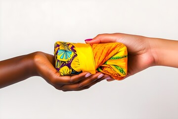 Two hands holding a yellow and purple cloth