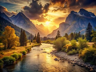 Poster - Vintage Landscape Photo: Serene River Winding Through Majestic Mountains