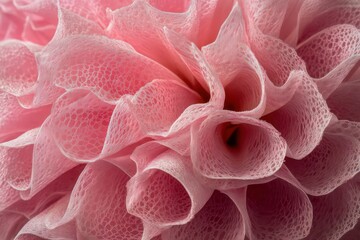 Wall Mural - A detailed macro shot of a bright pink dahlia flower in full bloom, capturing its intricate petal patterns in a botanical garden.