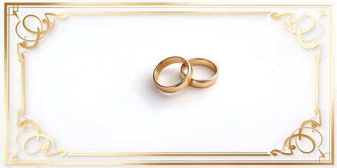 gold wedding rings centered on white background with ornate golden filigree border creating formal c