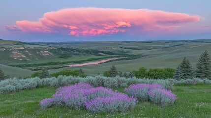 Wall Mural - Scenic vista of a valley at sunset with a vibrant pink cloud formation, wildflowers and lush greenery.