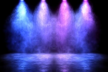 Wall Mural - abstract empty background with dark asphalt and neon purple, blue and pink light spots for car prese