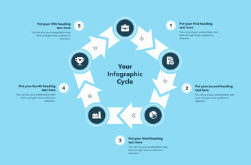 Aufkleber - Infographic cycle template with five steps - blue version. Flat design with minimalistic icons and place for your texts.
