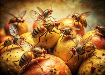 Wall Mural - Vintage Still Life: Fruit Flies on Overripe Fruit, Aged Photo Effect