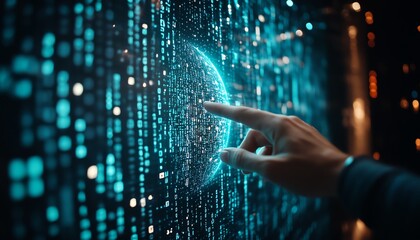 Fototapete - A hand interacting with a digital holographic globe filled with numerical data, set against a dark blue technology background, symbolizing the interconnected digital world