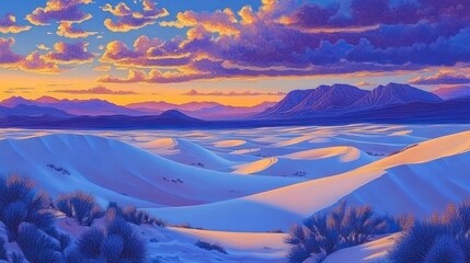 Wall Mural - Serene desert landscape at sunset, with vibrant colors of orange, purple, and blue.  Vast expanse of white sand dunes stretches into the distance, meeting a mountain range, with colorful clouds in the