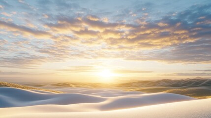 Wall Mural - Serene desert sunset landscape with dramatic clouds and rolling sand dunes.