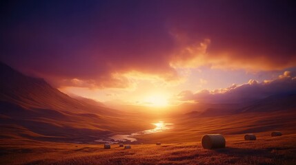 Sticker - Serene golden sunset over a valley with hay bales, mountains, and a tranquil lake.