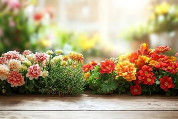 Fototapete - Empty wood table and defocused bokeh and blur background of garden trees in sunlight, display montage for product. , isolated on white background,  , copy space for text,