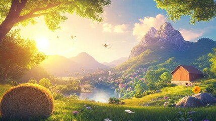 Wall Mural - Serene mountain valley scene with a picturesque village, hay bale, and sunlight.