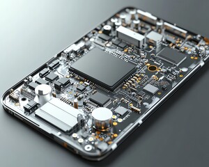 Poster - Detailed electronic chip and CPU from a disassembled mobile phone, with clear visuals of the processor and components, ideal for tech industry ads