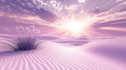 Wall Mural - Serene, pastel-hued desert landscape at sunrise with soft, warm light radiating from the sun.  A small cluster of desert plants is situated in the foreground.