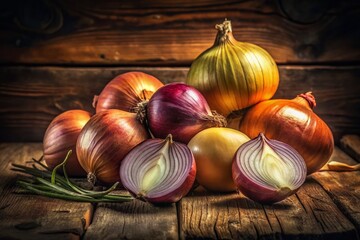 Wall Mural - Vintage Style Photo: Halved Onions, Rustic Still Life