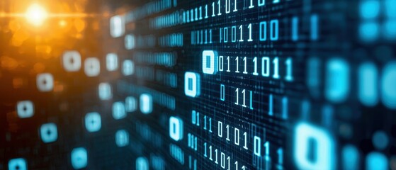 A vibrant digital display of binary code, symbolizing data transmission and technology in a futuristic environment.