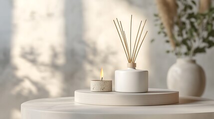 Canvas Print - Scented candle and diffuser on a minimalist table.