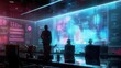© PICK YOUR POV - A futuristic conference room with digital displays and silhouettes discussing data analysis.