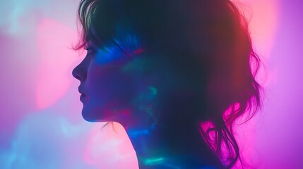 Canvas Print - Silhouette of a woman's face, illuminated by vibrant neon lights.