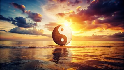 Wall Mural - Vintage Yin Yang Sunset Horizon:  A Serene Balance of Light and Dark