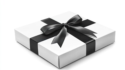 Wall Mural - A white square gift box with a black ribbon bow, isolated on white background.