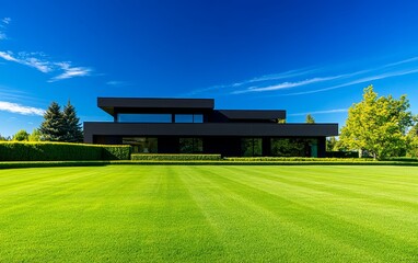 A modern black house set against a clear blue sky and well-maintained lawn.