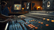 © dK - Professional sound engineers working on a modern audio mixing console in a recording studio