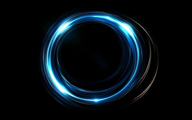 Poster - Glowing blue and gold circular light trails on black background.
