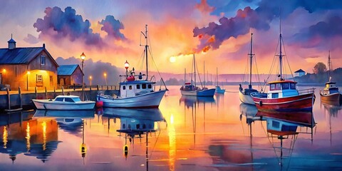 Wall Mural - Watercolor Dawn Harbor: Boats & Reflections, Serene Night Painting