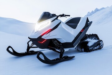  white snowmobiles parked in snowy mountains.