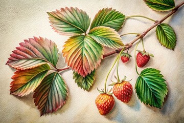 Wall Mural - Watercolor Strawberry Leaves Branch - Artistic Botanical Illustration