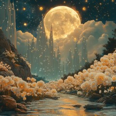 Wall Mural - Glowing city, moonlit river, luminescent flowers.