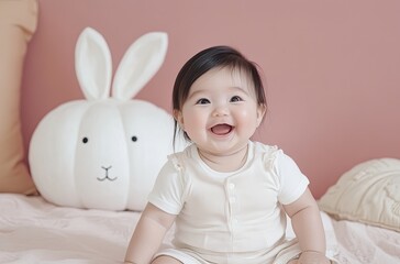 Wall Mural - A happy baby girl wearing a white short-sleeved onesie and a cream romper, sitting on the bed with a pink wall behind her.