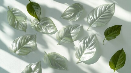 Wall Mural - A collection of green and translucent leaves arranged on a light surface with shadows.