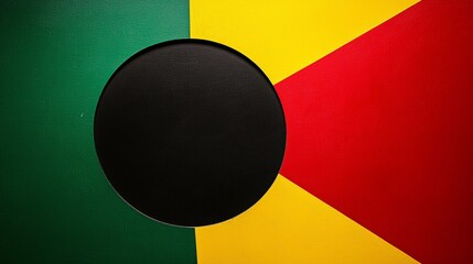 A vibrant color composition featuring green, yellow, red, and a central black circle, symbolizing unity and cultural identity.