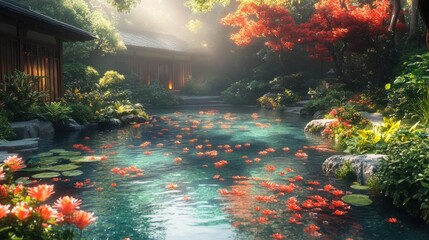 Wall Mural - Serene garden, pond, flowers, Japanese house.