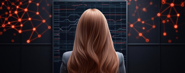 A woman with long hair stands before a digital display, surrounded by glowing nodes, suggesting themes of technology and interconnectedness.