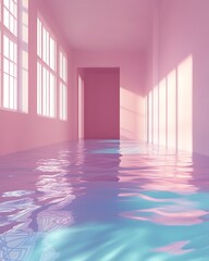 Poster - Dreamlike Pastel Room with Reflective Water and Soft Natural Light : Generative AI