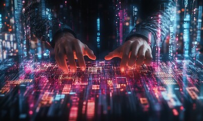 Hacker coding, digital city background, cybersecurity